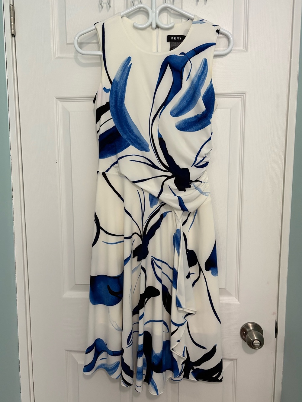 DKNY White Dress with Blue & Black Abstract Floral Print